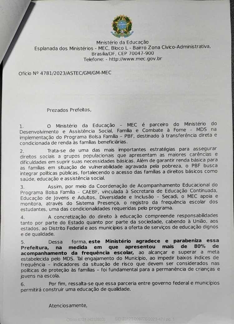 MEC parabeniza Floriano por frequência escolar superior a 80%