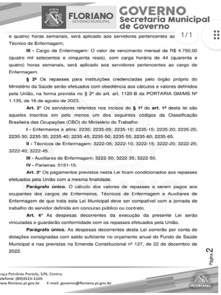 Sancionada lei que garante o complemento do piso salarial da Enfermagem de Floriano