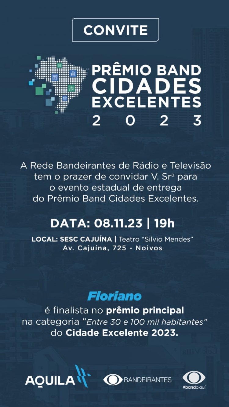 Floriano é finalista em 5 de 7 pilares de avaliação do ‘Prêmio Band Cidades Excelentes 2023’